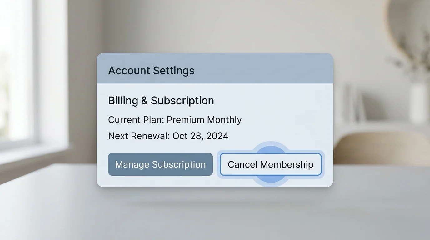 A generic web-app panel showing 'Account Settings' and 'Billing & Subscription' with 'Current Plan: Premium Monthly' and 'Next Renewal: Oct 28, 2024'. The 'Cancel Membership' button is highlighted with a blue focus marker.