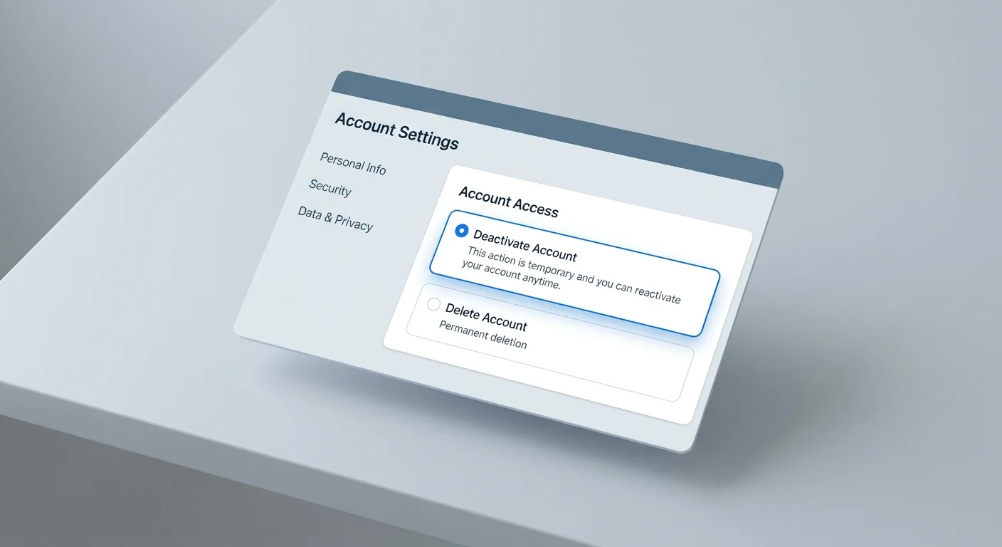 A generic account settings web-app panel on a light gray background, showing options for account access. The 'Deactivate Account' option is highlighted in blue, with a description stating 'This action is temporary and you can reactivate your account anytime.' Below it is an unselected 'Delete Account' option for permanent deletion, indicating the temporary nature of deactivation.