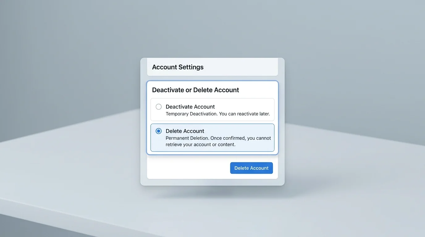 A generic web-app interface showing account settings with 'Delete Account' selected, indicating permanent deletion. The 'Delete Account' button is highlighted in blue on a light grey background.
