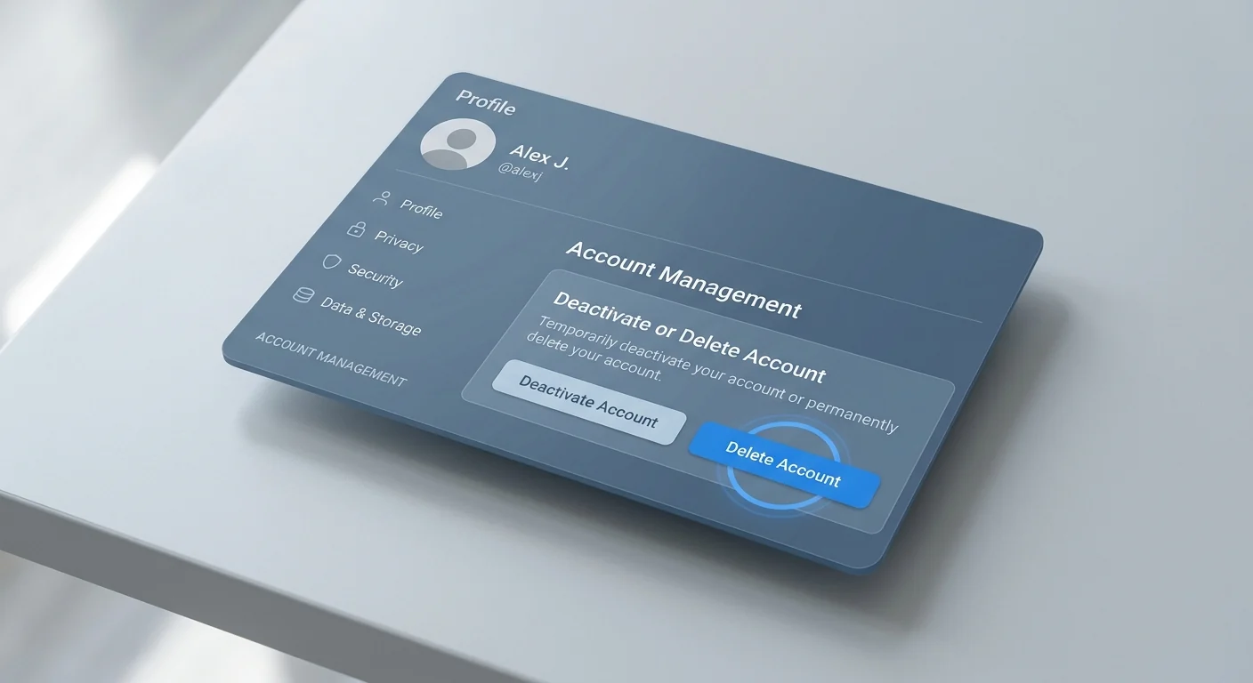 Generic user interface showing an account management screen with a prominently highlighted 'Delete Account' button to indicate permanent account removal.