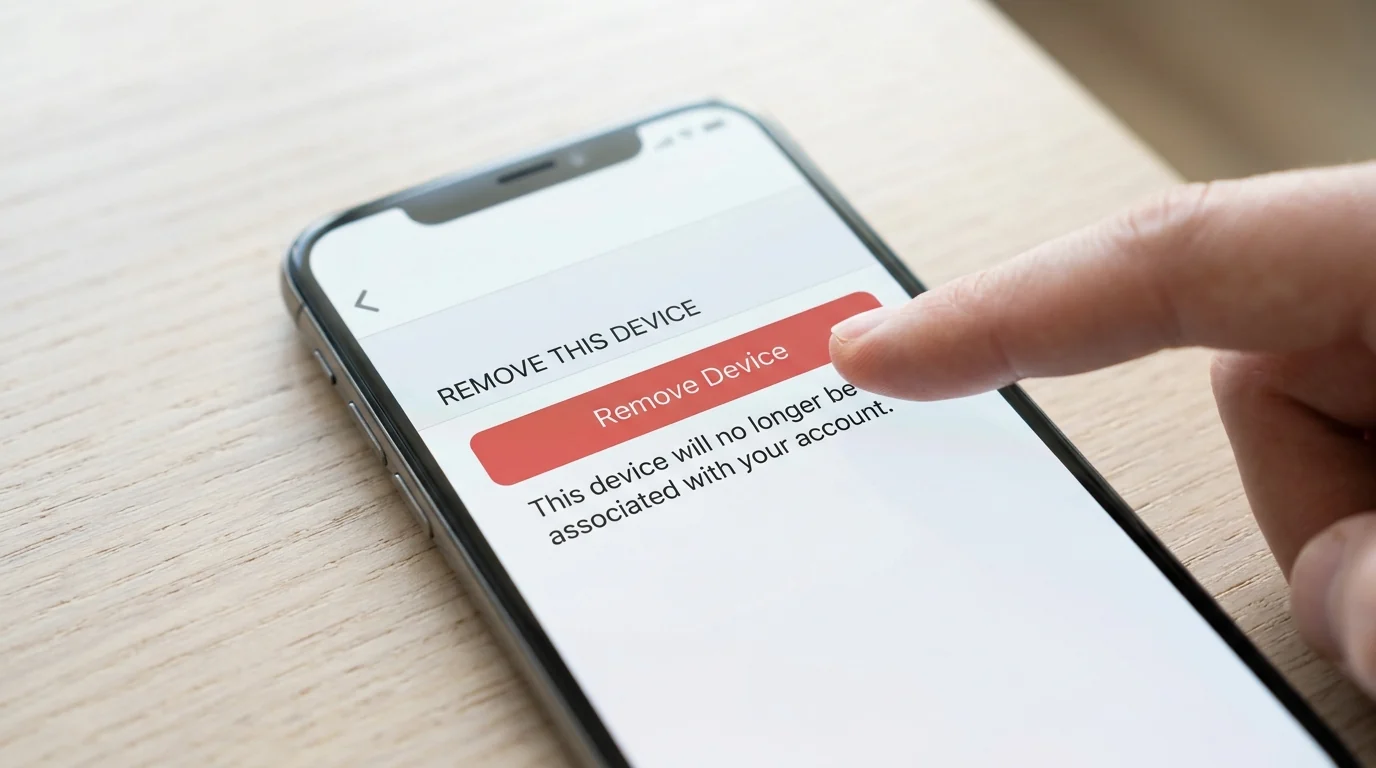 A finger taps a red 'Remove Device' button on an iPhone screen, with text 'REMOVE THIS DEVICE' visible above it.