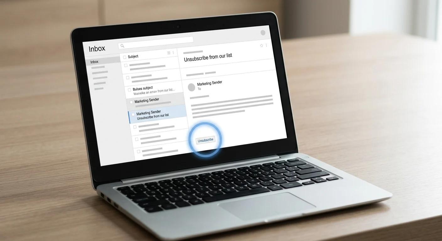 A laptop screen displays an email inbox with an email open, highlighting an 'Unsubscribe' button.