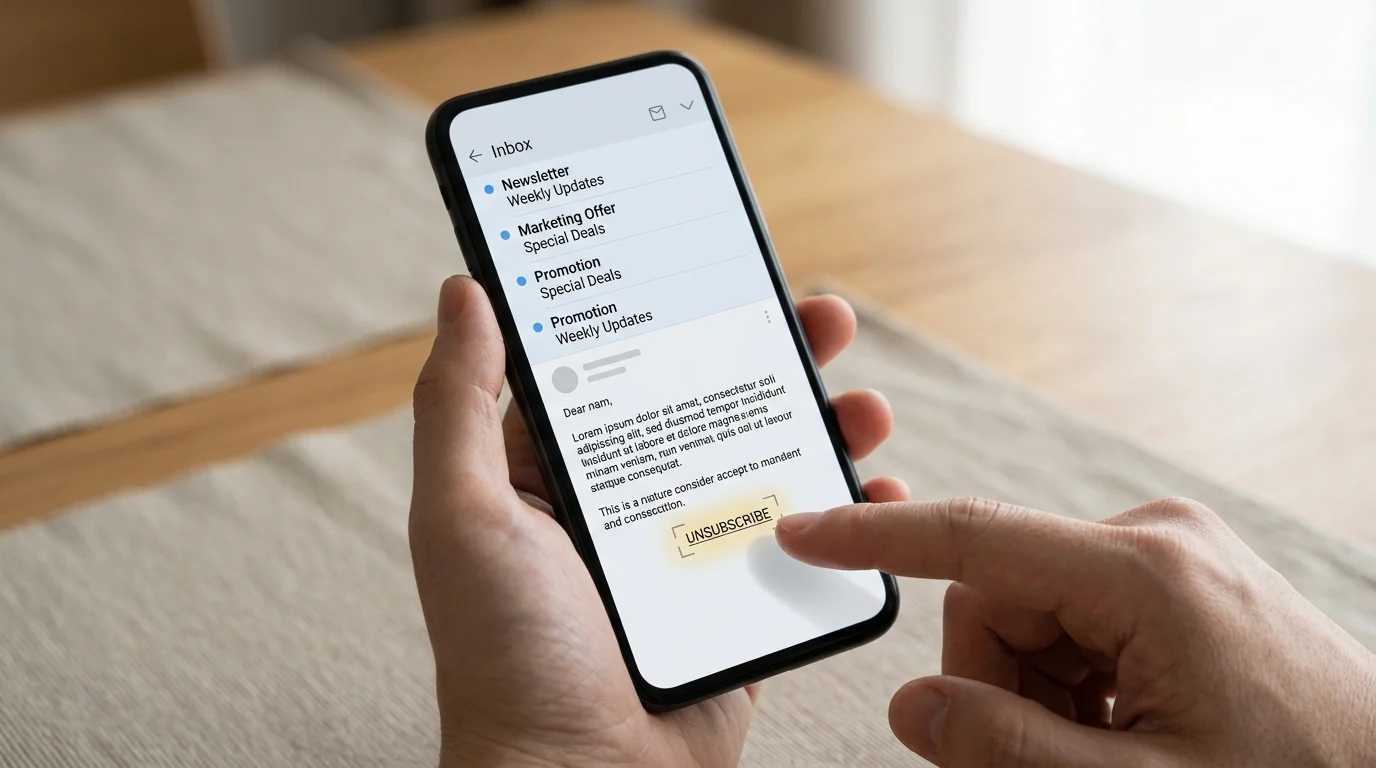 A person's hand holds a smartphone, tapping the highlighted 'UNSUBSCRIBE' button within an opened email, demonstrating how to stop unwanted email subscriptions.