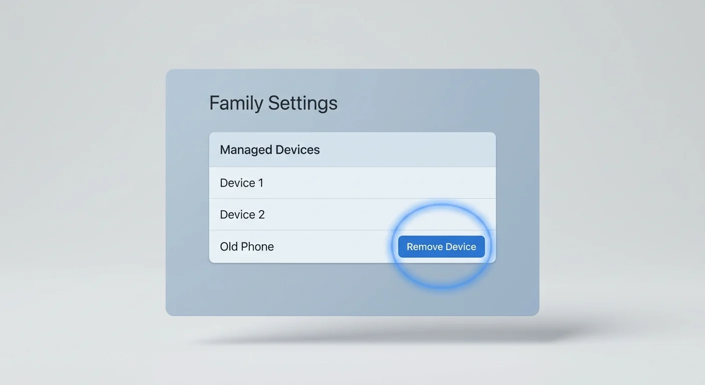 A floating generic Family Settings panel showing a list of Managed Devices. An entry for 'Old Phone' is displayed, with a highlighted 'Remove Device' button next to it.