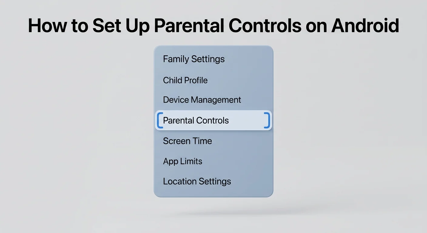 A floating generic settings panel showing options like Family Settings, Child Profile, and Parental Controls, with 'Parental Controls' highlighted by a blue focus marker, on a light-gray background.