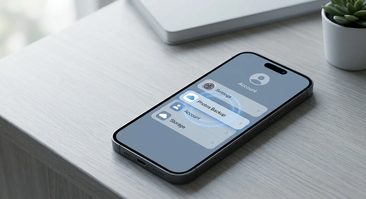 An iPhone-like smartphone on a light-gray desk showing a generic UI with 'Photos Backup' highlighted, representing the task of backing up photos.