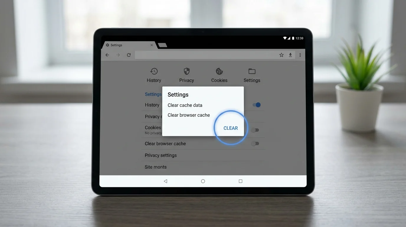 Tablet screen showing Chrome browser settings with a popup for 'Clear cache data' and 'Clear browser cache', with the 'CLEAR' button highlighted.