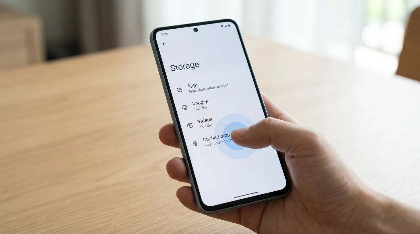 A hand tapping 'Cached data' on an Android phone's storage settings screen, illustrating the process of clearing cache.