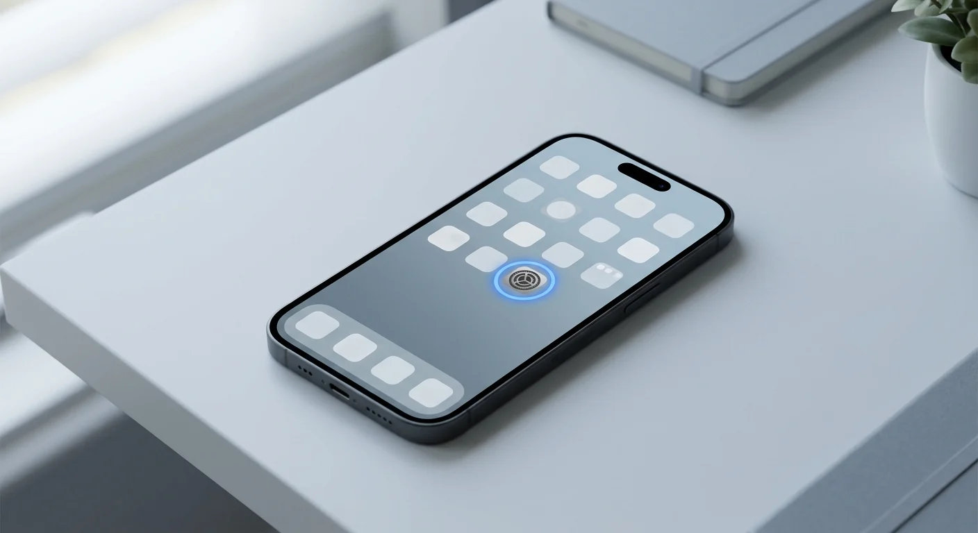 An iPhone-like device sits on a light gray desk, displaying a generic home screen with various rounded app icons. A soft blue focus ring highlights the gear-shaped Settings icon, which has 'Settings' labeled below it. A blurred notebook and a small plant are in the background.