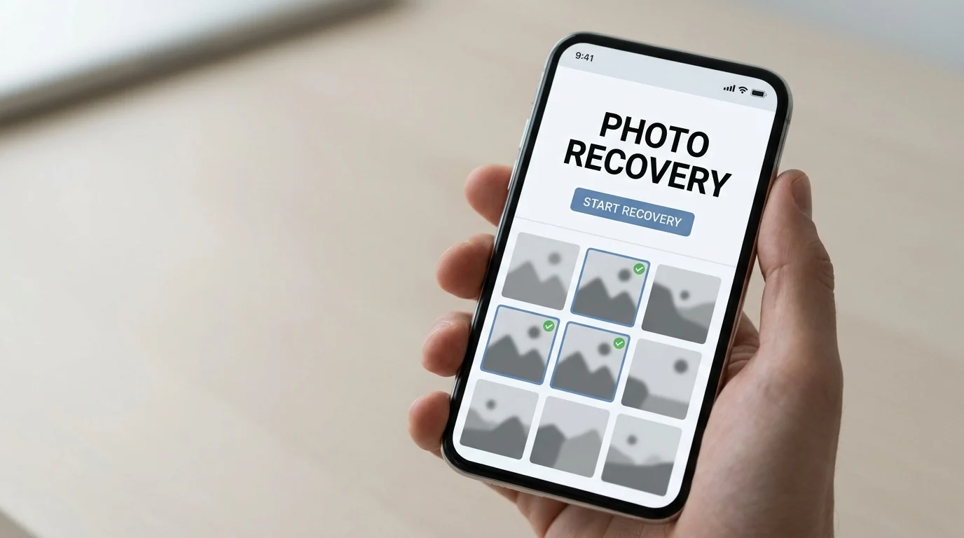 A close-up of a hand holding a smartphone displaying a 'Photo Recovery' screen with several generic image placeholders selected for recovery.