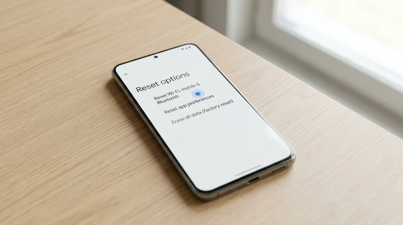 An Android smartphone displaying the 'Reset options' screen, with the 'Reset Wi-Fi, mobile & Bluetooth' option highlighted by a blue dot. The phone rests on a light wooden table with a soft, naturally lit background.