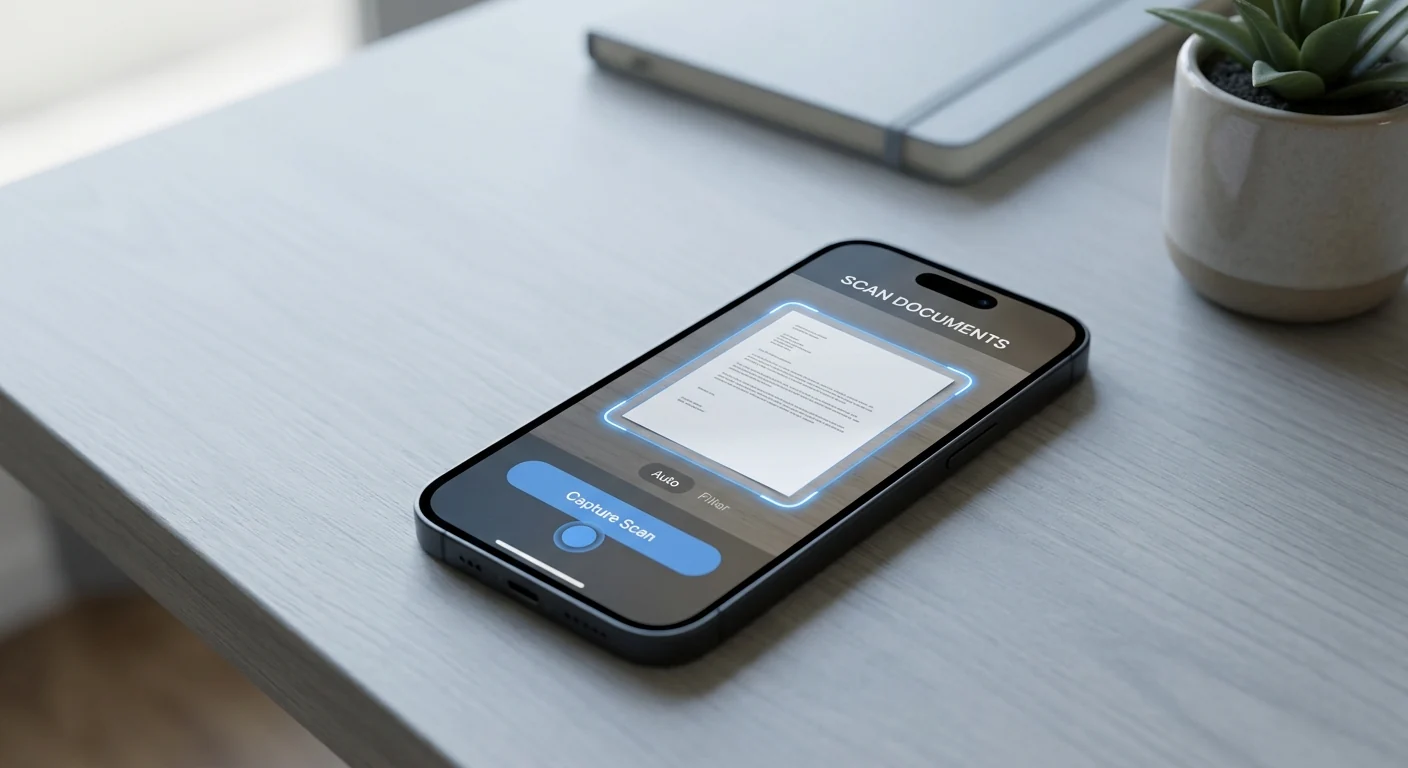 A matte dark graphite iPhone-like smartphone displaying a document scanning interface, with a blue highlight around a digital document and a 'Capture Scan' button with a blue tap marker, placed on a clean light-gray desk with a blurred notebook and a small plant in the background.