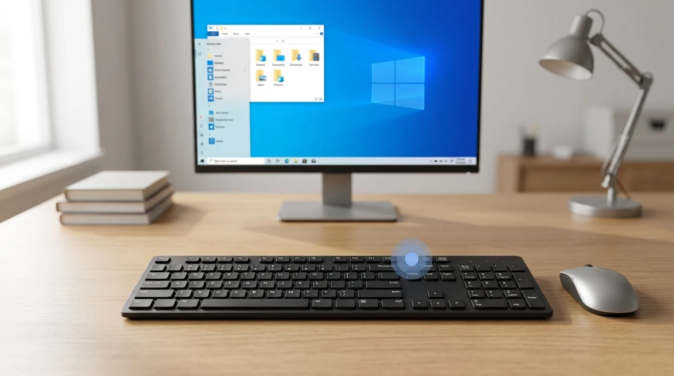 A computer desktop showing a Windows operating system, with a keyboard in the foreground and a blue highlight over the Print Screen key.