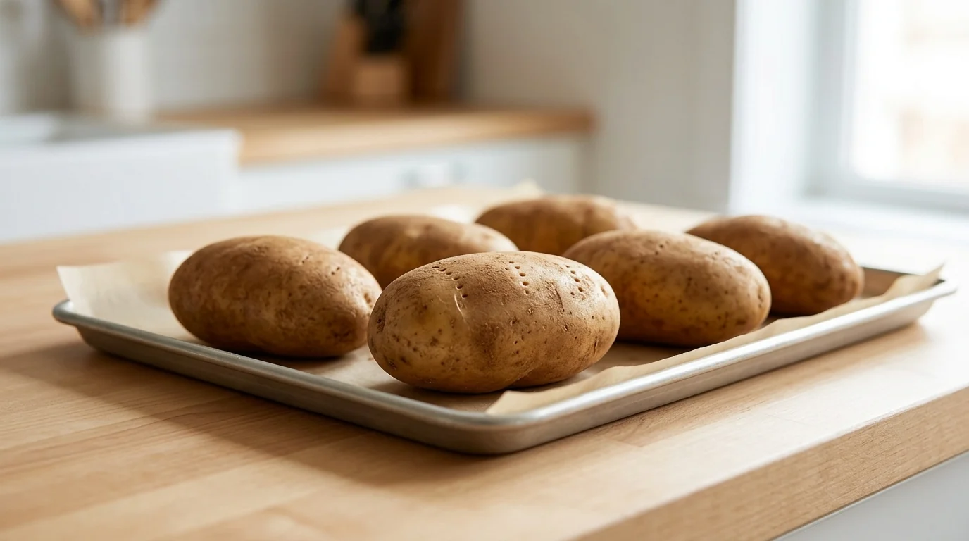 Raw russet potatoes, each pricked several times, are arranged on a parchment-lined metal baking sheet on a light wooden kitchen countertop, ready for baking.