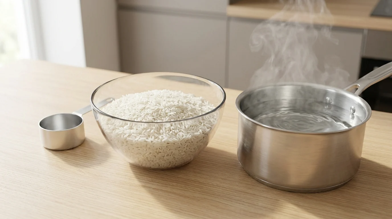 Uncooked white rice in a glass bowl next to a metal measuring cup and a pot of steaming water on a wooden kitchen counter.
