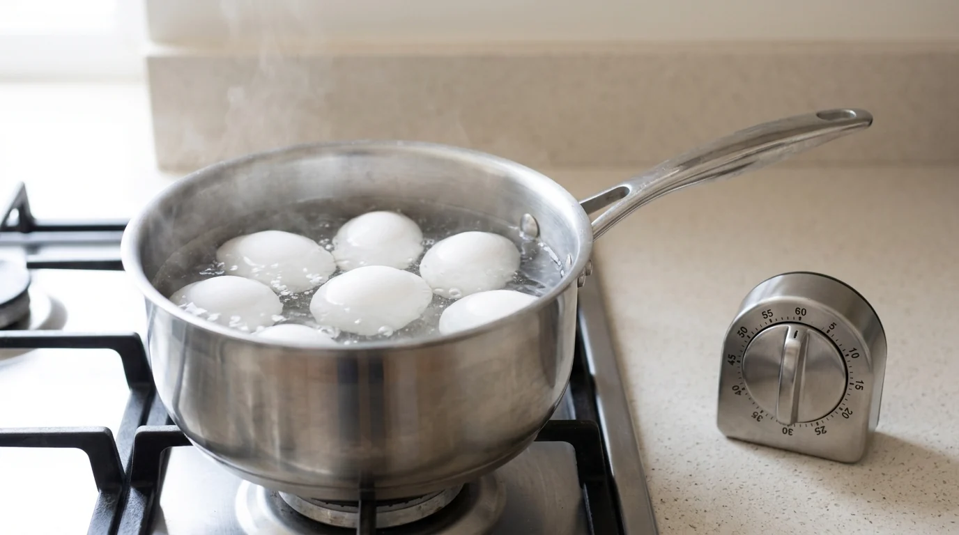 Several eggs boiling in a stainless steel pot on a gas stovetop, with steam rising. A silver kitchen timer is set on the beige countertop next to the pot.