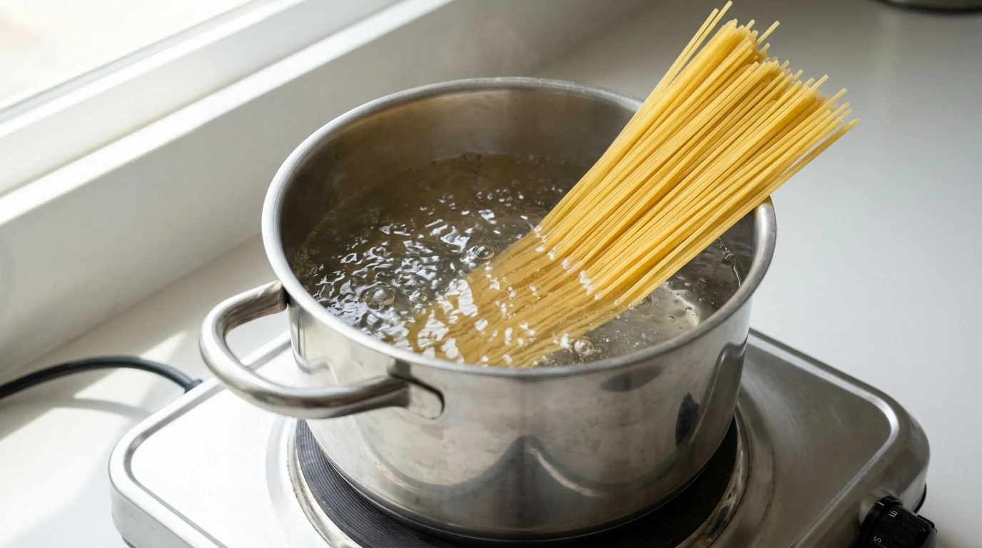 Raw spaghetti noodles being gently placed into a stainless steel pot of boiling water on a hot plate.
