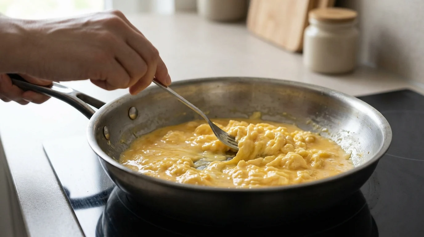 A hand using a fork to stir and scramble yellow eggs in a stainless steel frying pan on a black stovetop.