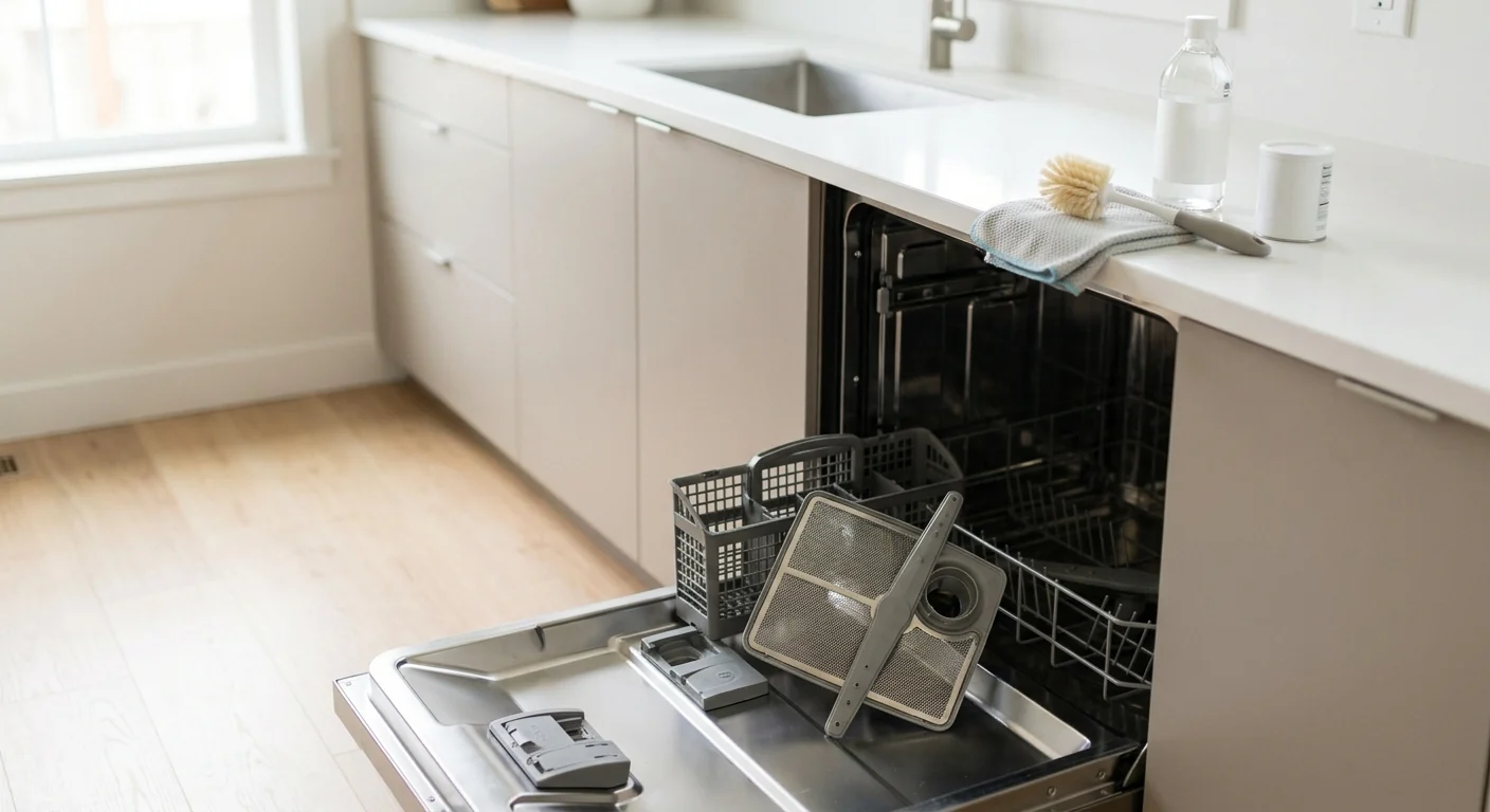 A dishwasher with its filter removed and placed on the open door, with cleaning tools like a brush, cloth, vinegar, and baking soda on the counter beside it in a clean kitchen.