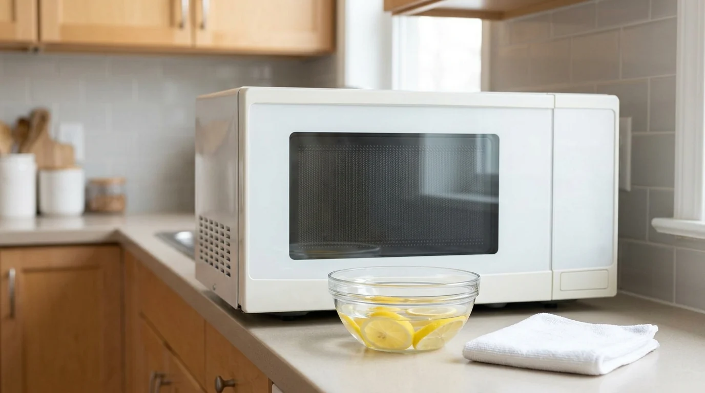 A white microwave oven sits on a clean kitchen counter next to a glass bowl filled with water and lemon slices, with a white microfiber cleaning cloth folded nearby, ready for cleaning.