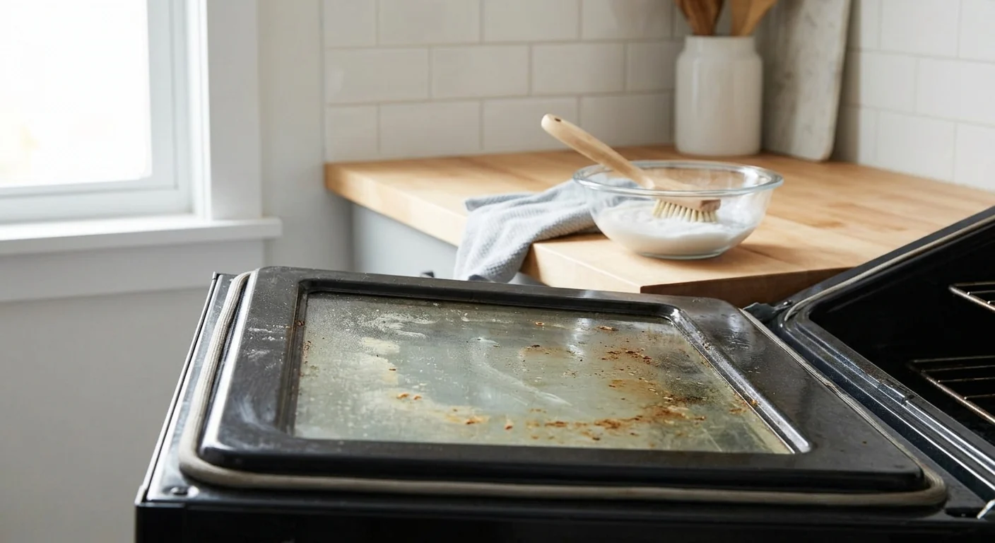 A close-up of a very dirty oven glass on an open oven door, with generic cleaning supplies like a scrubbing brush and a bowl of cleaning paste on a wooden counter in the background, lit by natural daylight.