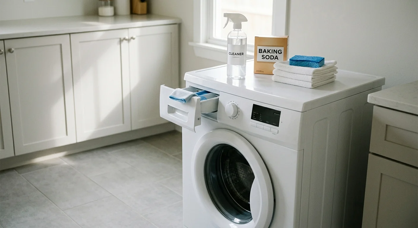 A white front-load washing machine with its dispenser drawer open, revealing a cleaning cloth. On top of the machine are a clear spray bottle labeled 'CLEANER', a box of 'BAKING SODA', and a stack of clean white cloths with a blue cleaning sponge.