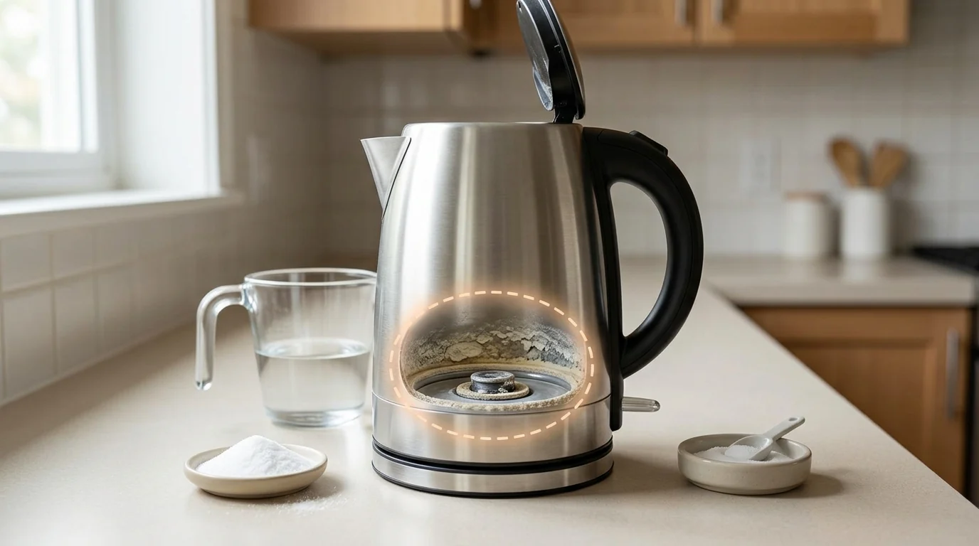 An electric kettle on a kitchen counter showing significant limescale inside, highlighted by a dashed orange circle, next to a measuring cup of water and small dishes of white descaling powder.