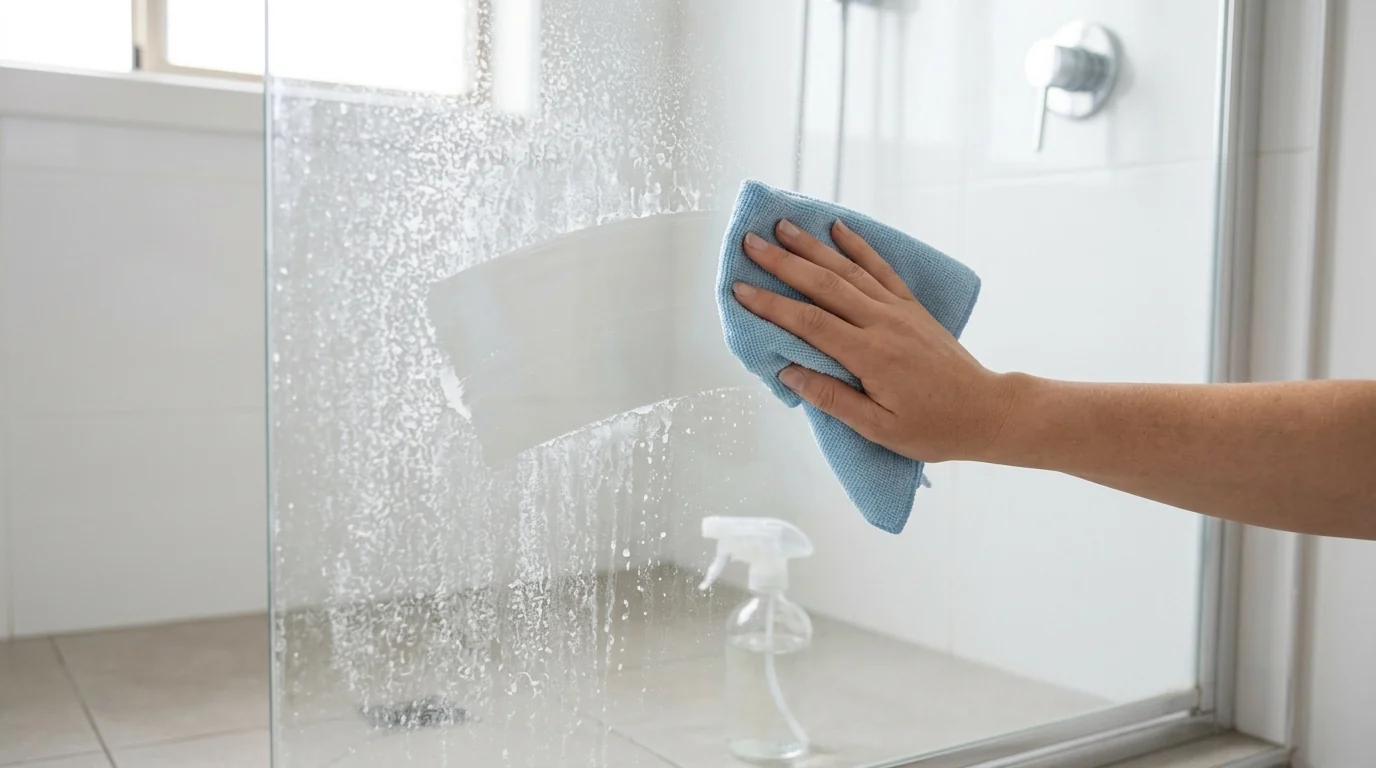 A hand wiping a limescale-covered shower glass door with a blue microfiber cloth, revealing a clean streak.