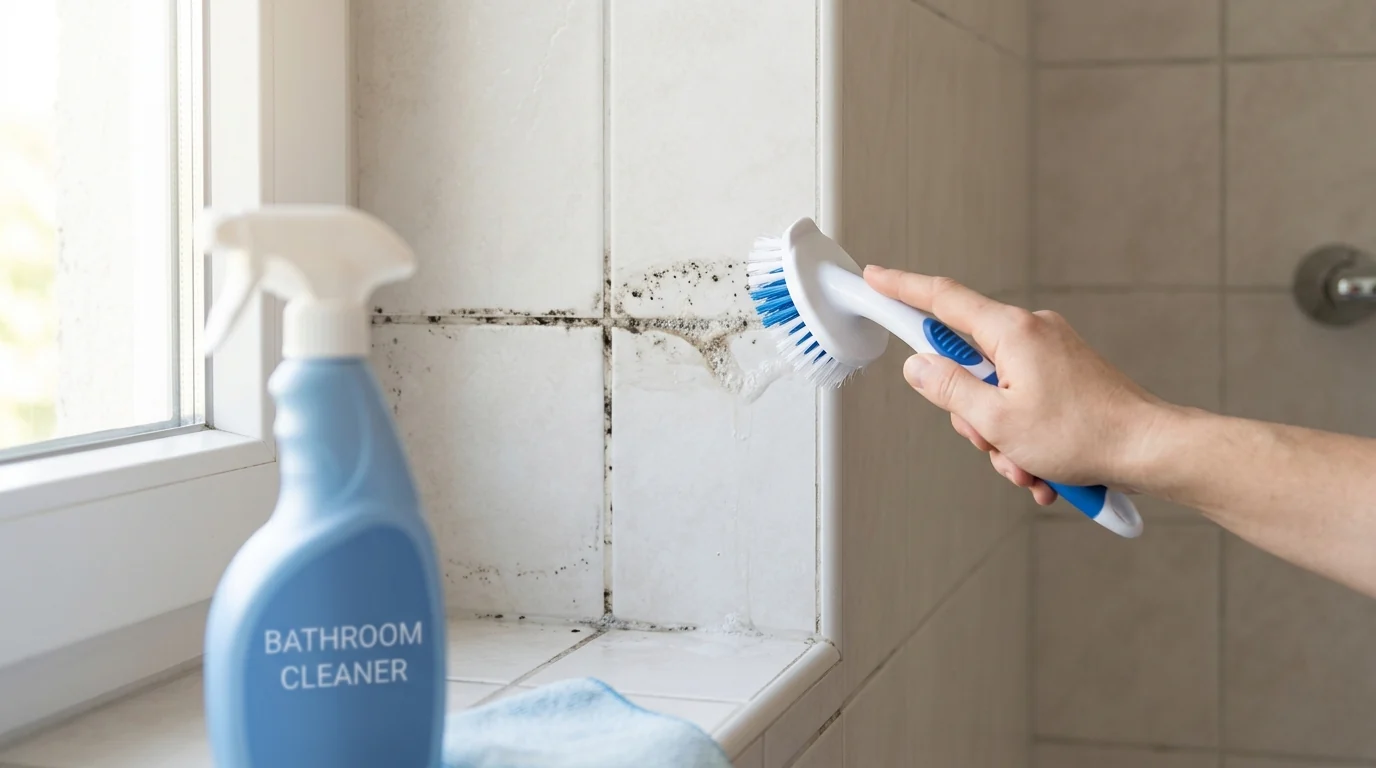 A hand vigorously scrubbing black mold from white bathroom tiles with a blue and white cleaning brush, with a bottle of generic bathroom cleaner in the foreground.