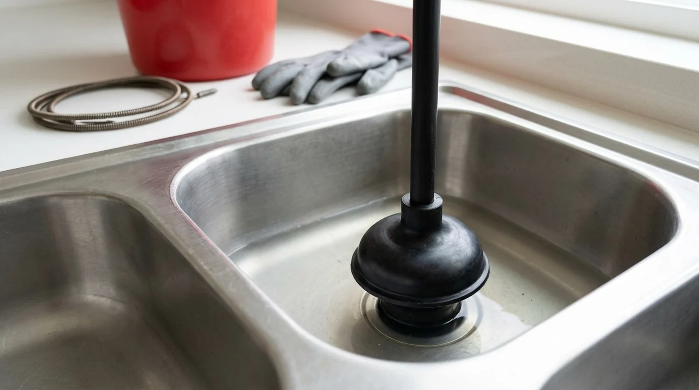 A plunger inserted into the drain of a stainless steel kitchen sink, with a drain snake and work gloves resting on the counter.